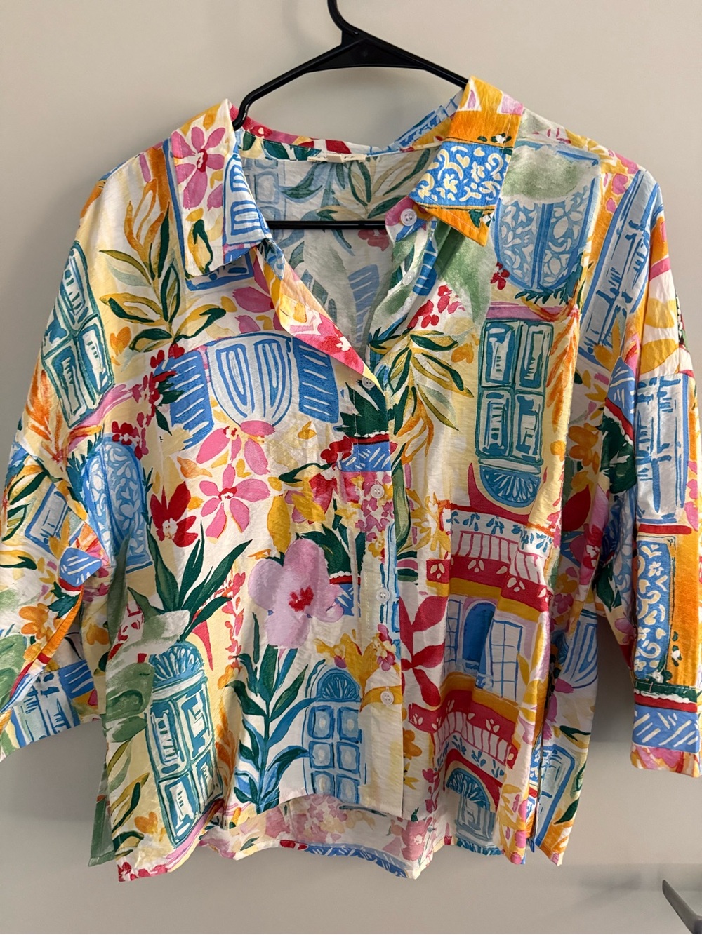 Vibrant Multicolor Floral Window-Print Button-Up Top